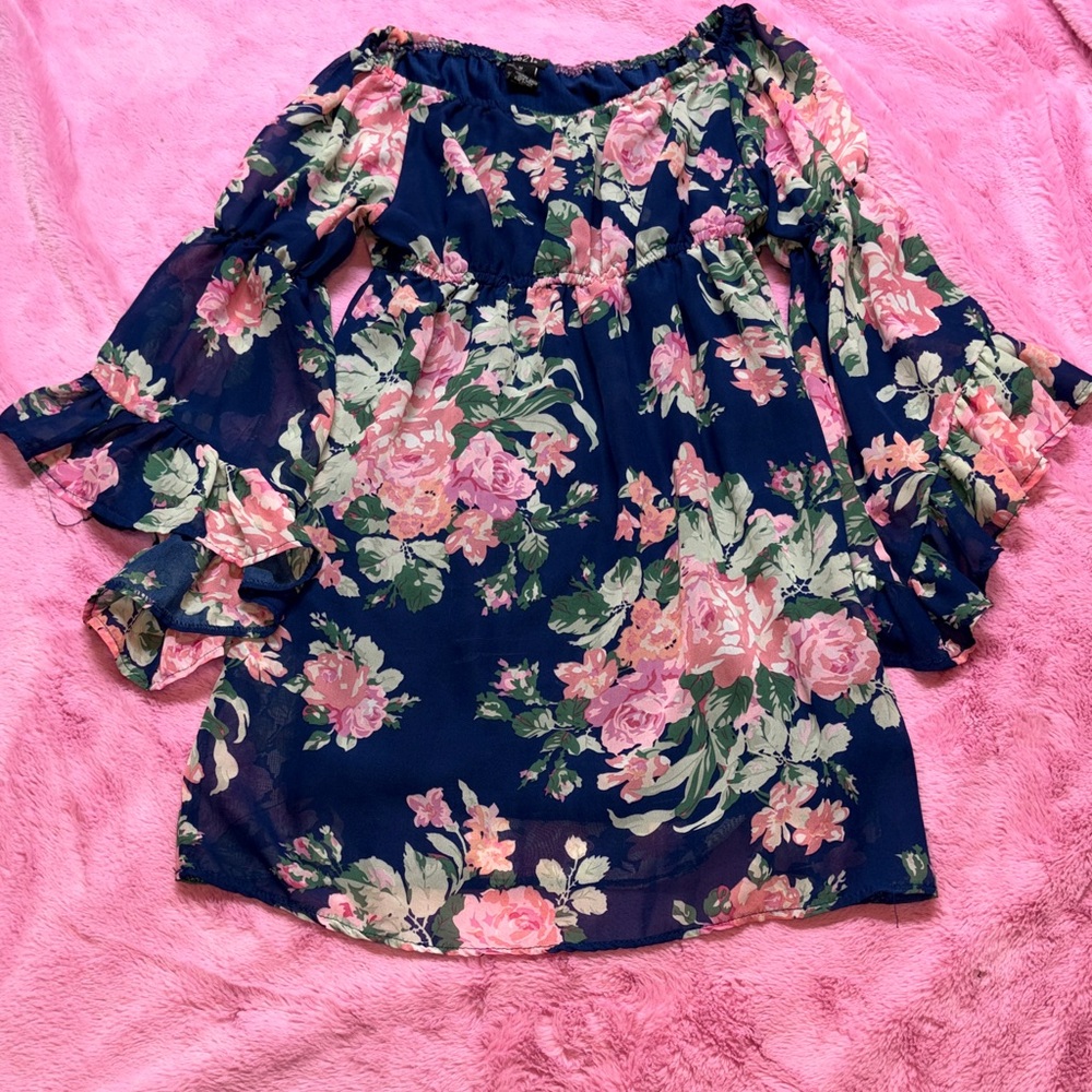 Rue21 Navy and Pink Floral Off Shoulder 3/4 Sleeve Mini Dress